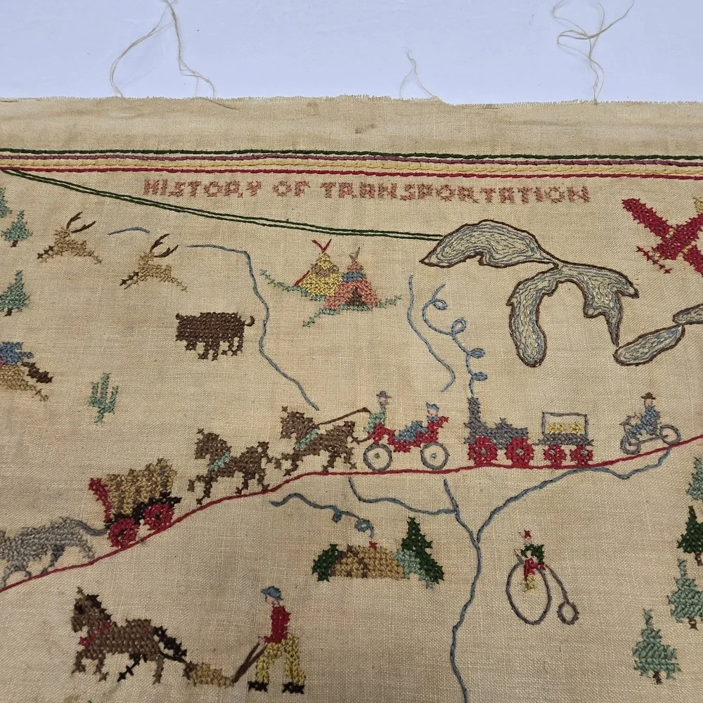 Needlework History Transportation Sampler 1956 Folk Art Rustic Primitive 17